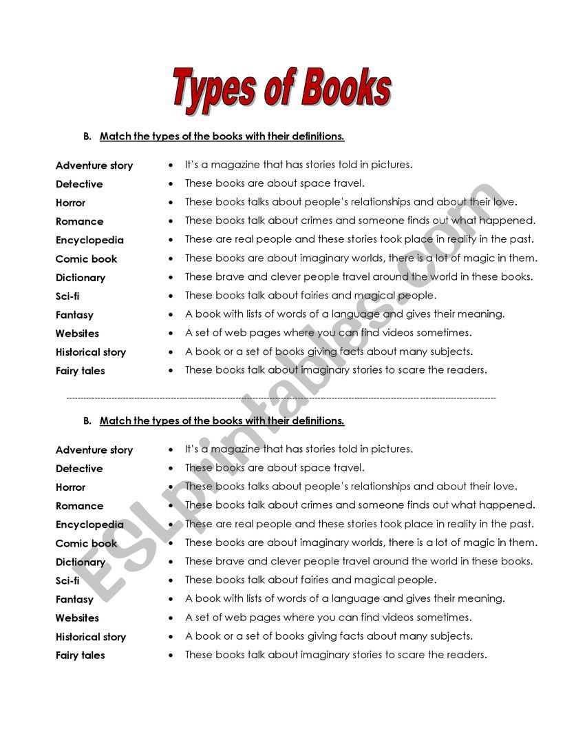 Types of Books - Definition worksheet
