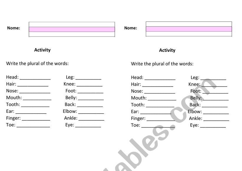 Plural - Body parts worksheet