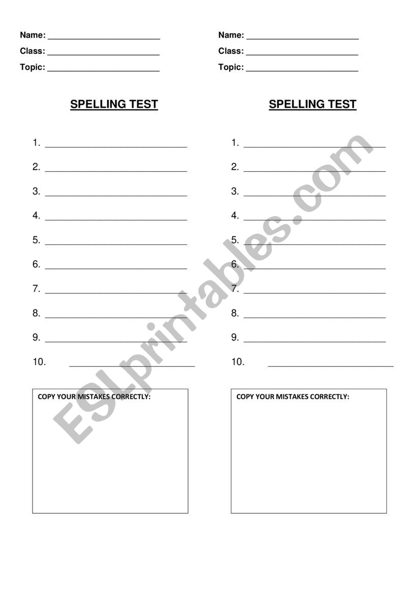 Spelling test template worksheet