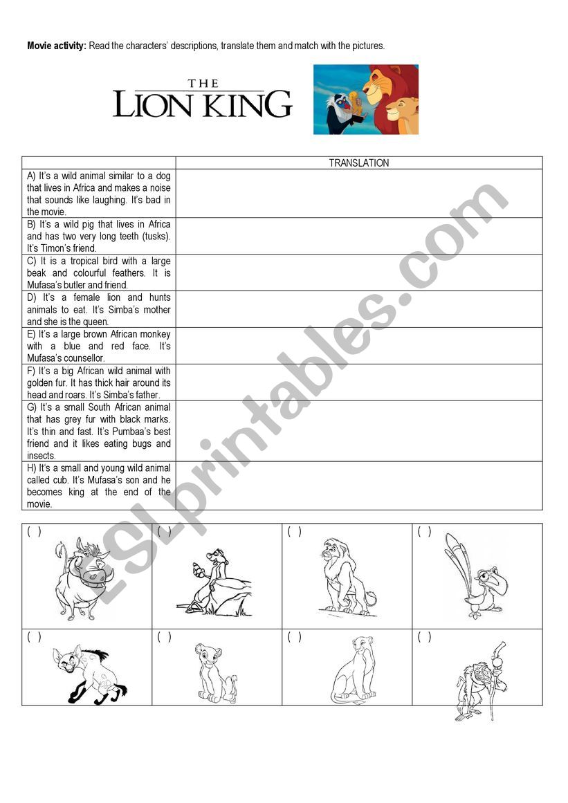 The lion King worksheet