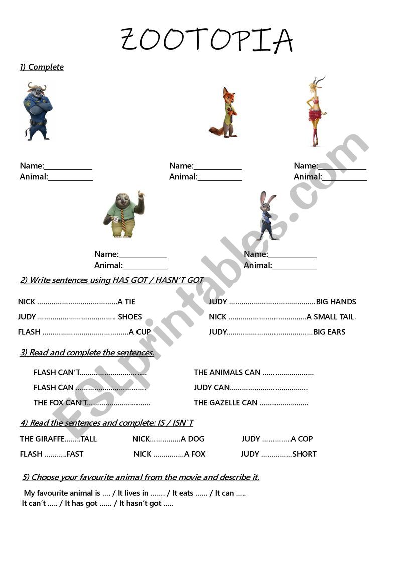 Zootopia worksheet