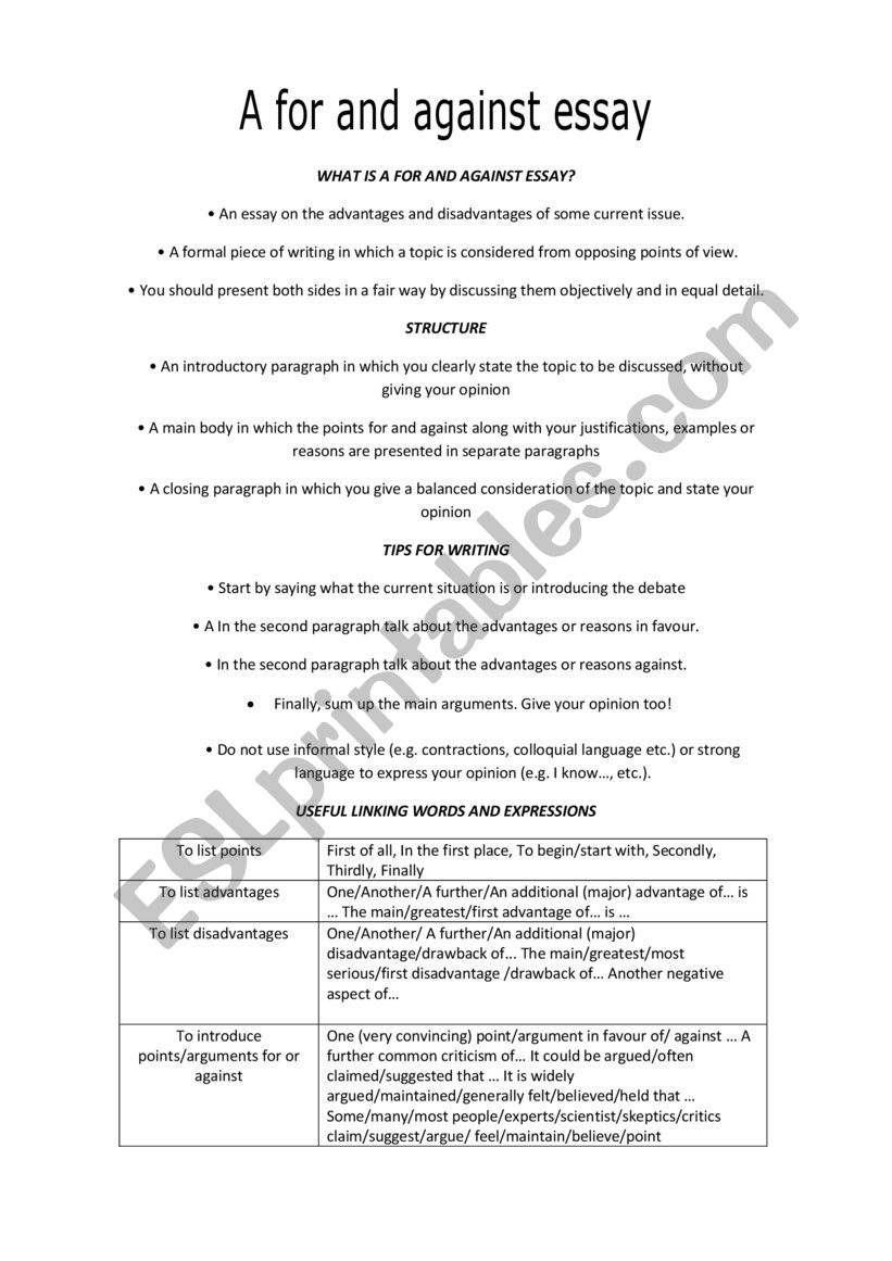 for and against essay worksheet pdf