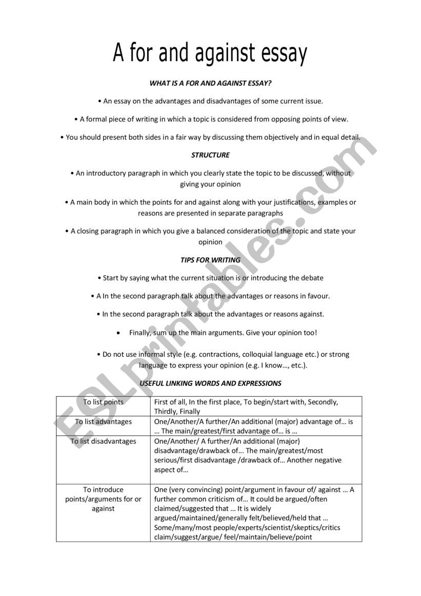 A for and an against essay worksheet