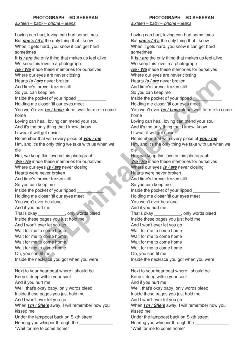 Song Photograph by Ed Sheeran worksheet