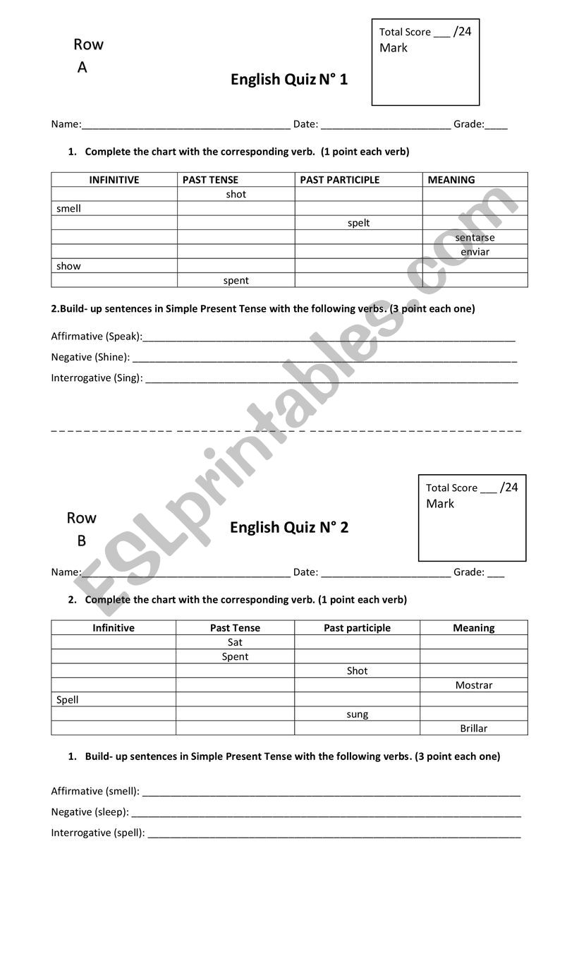 English Verbs Quiz  worksheet