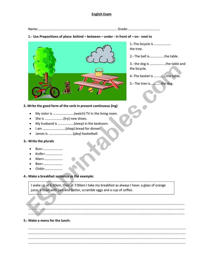 english exam worksheet