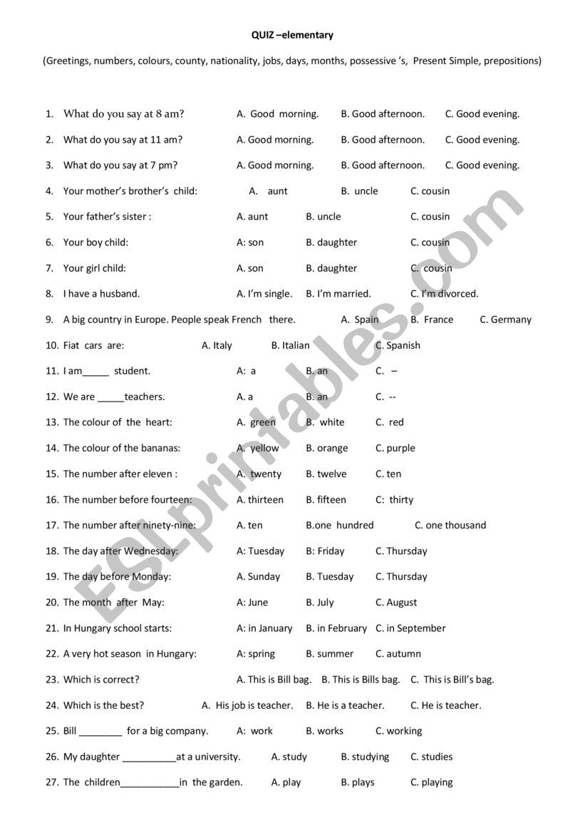 Beginner  quiz worksheet