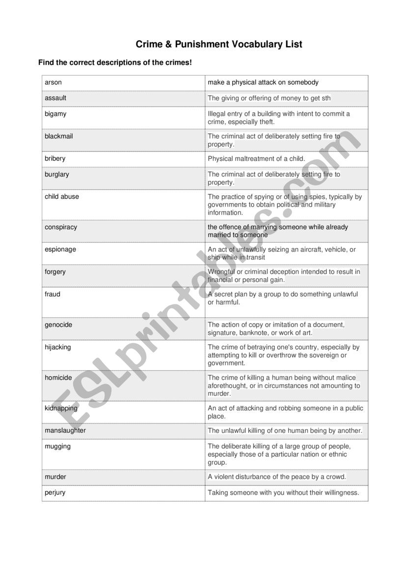 Crime & Punishment Vocabulary Exercise