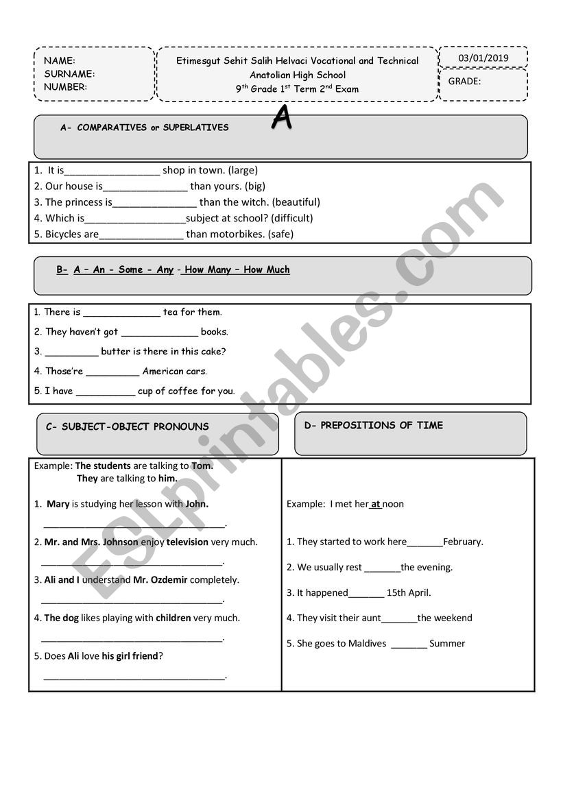 9th grade exam A1 worksheet