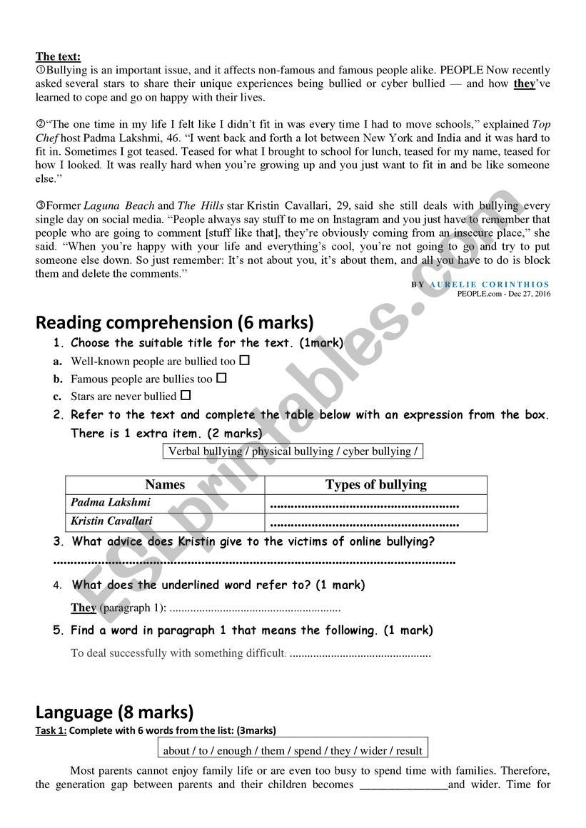 test worksheet