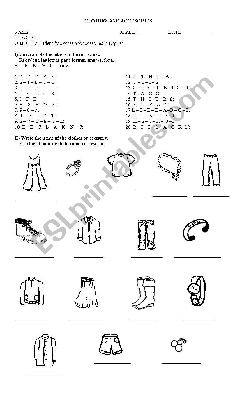 clothes and accesories worksheet