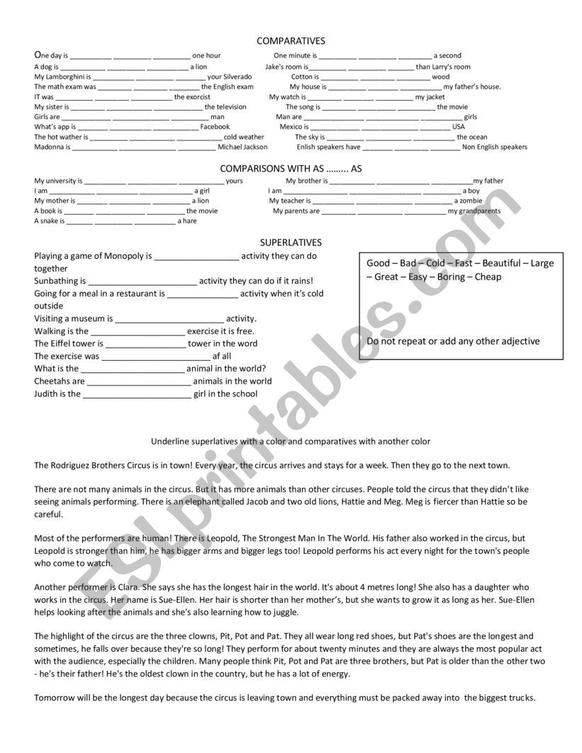Comparatives and Superlatives worksheet