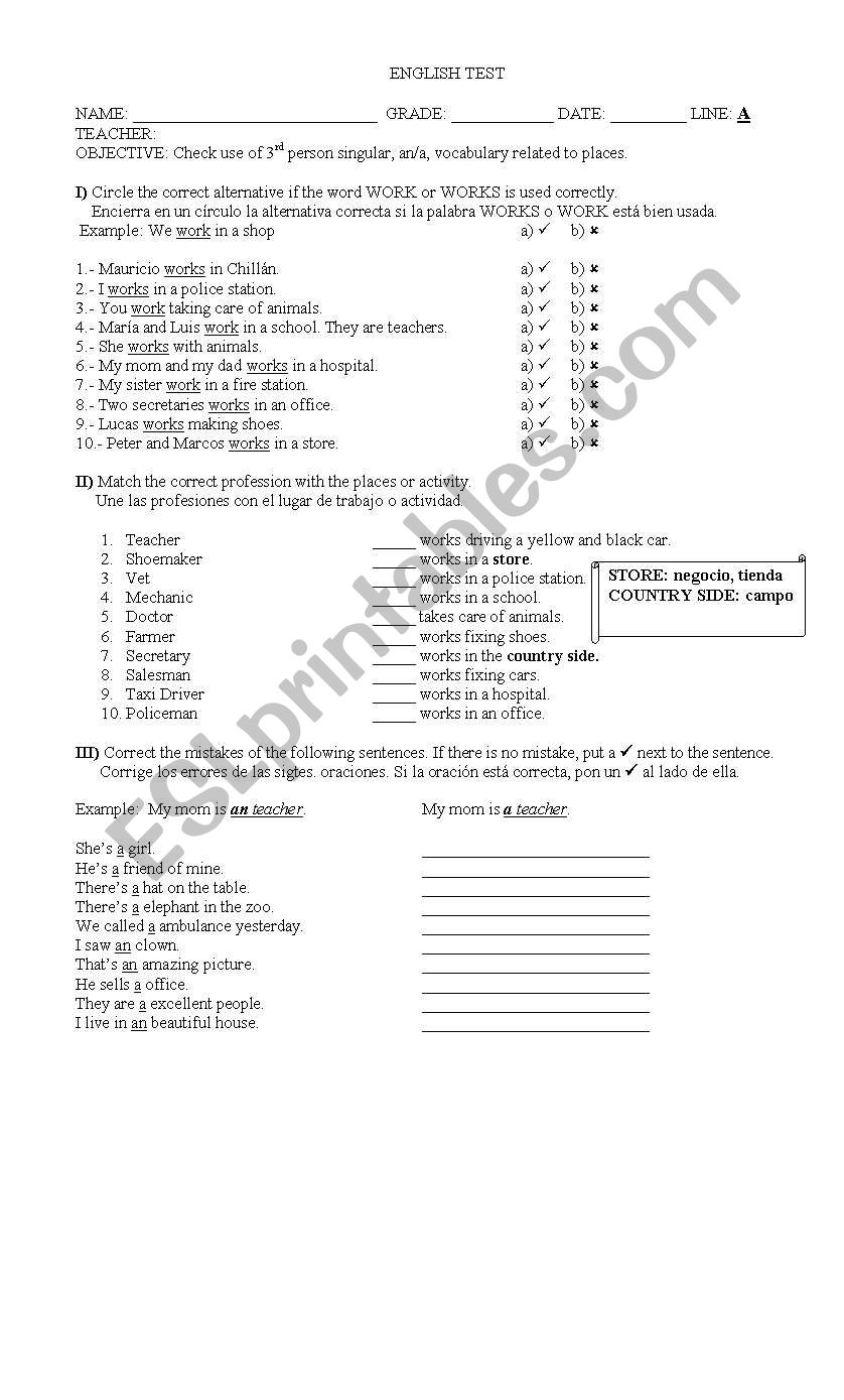 professions and places worksheet
