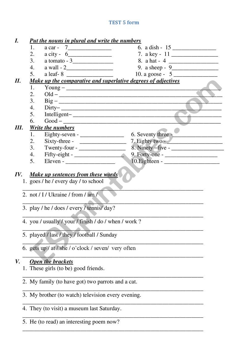 Test 5 form worksheet