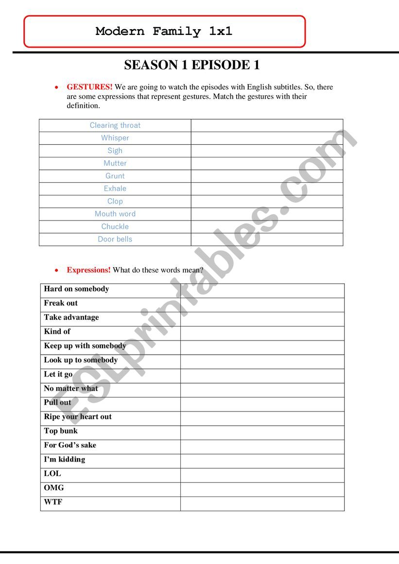 Modern Familiy worksheet