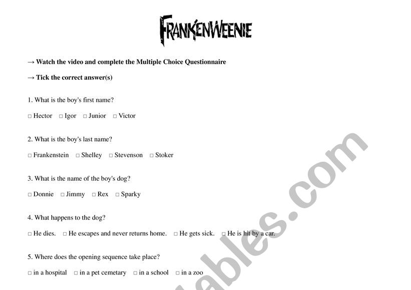 Frankenweenie 1984 Quiz worksheet