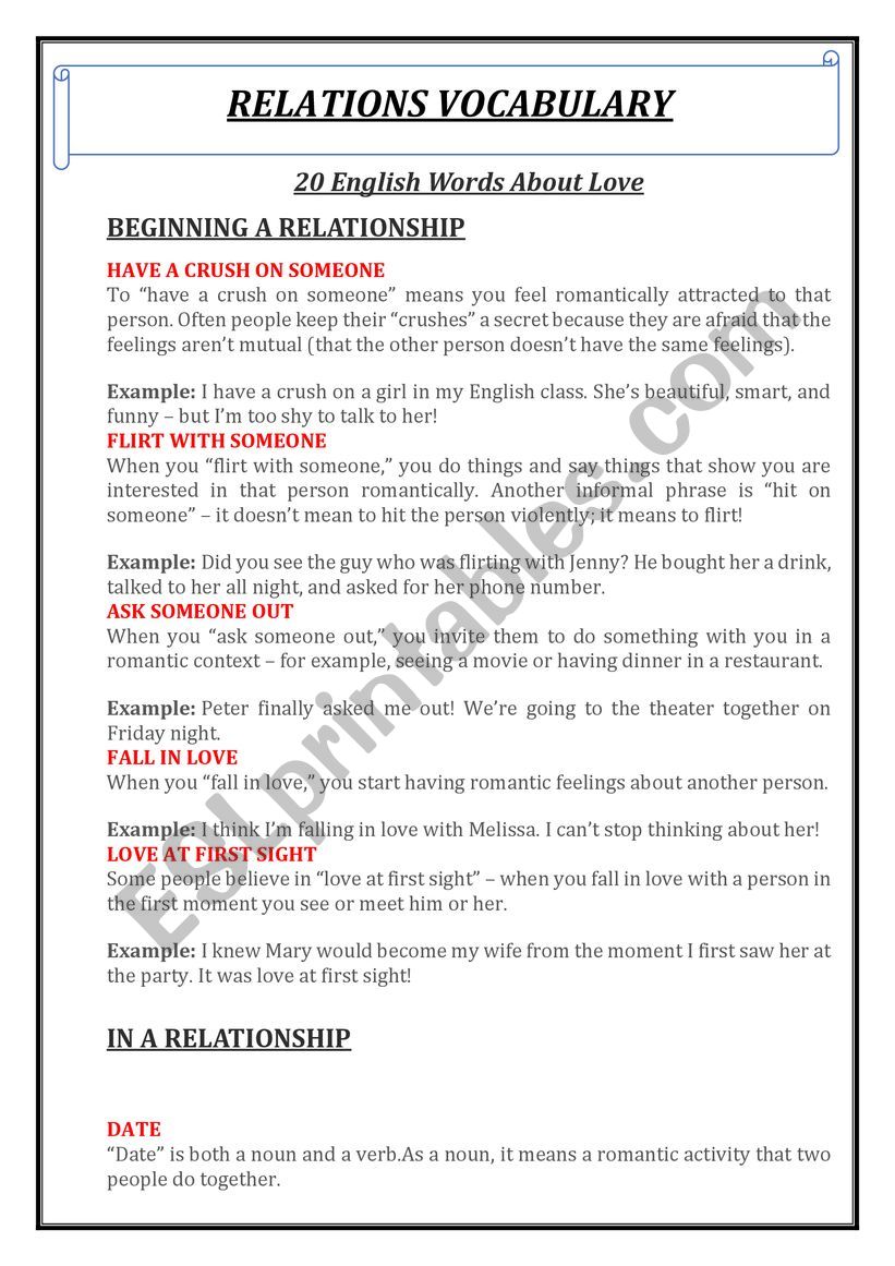 Relations Vocabulary worksheet