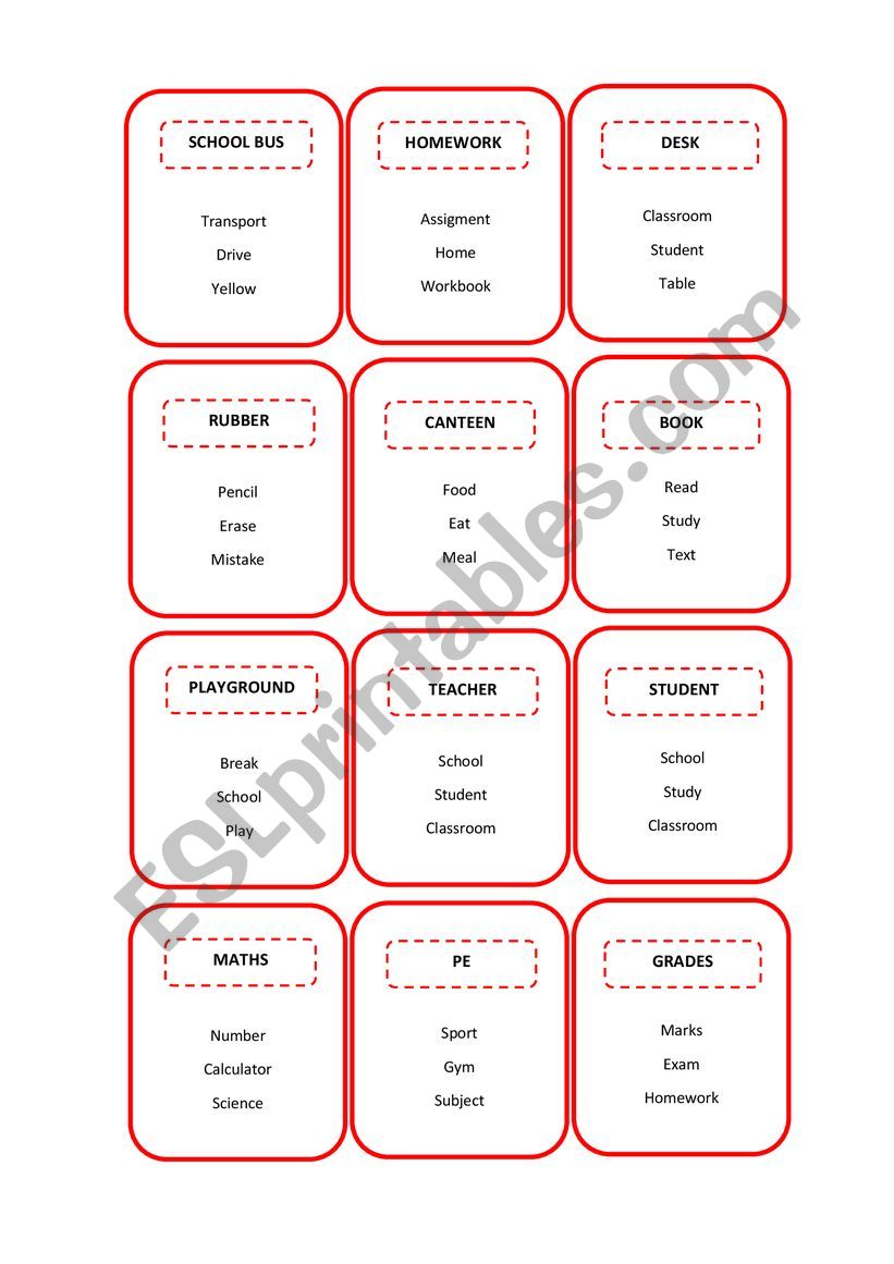 taboo cards  worksheet