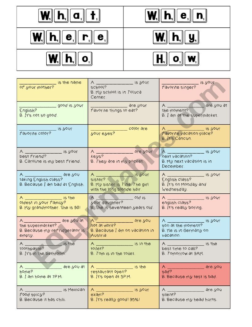 Verb be, wh-questions cutout or worksheet