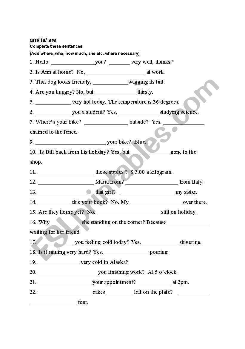 Am / is / are - Exercises worksheet