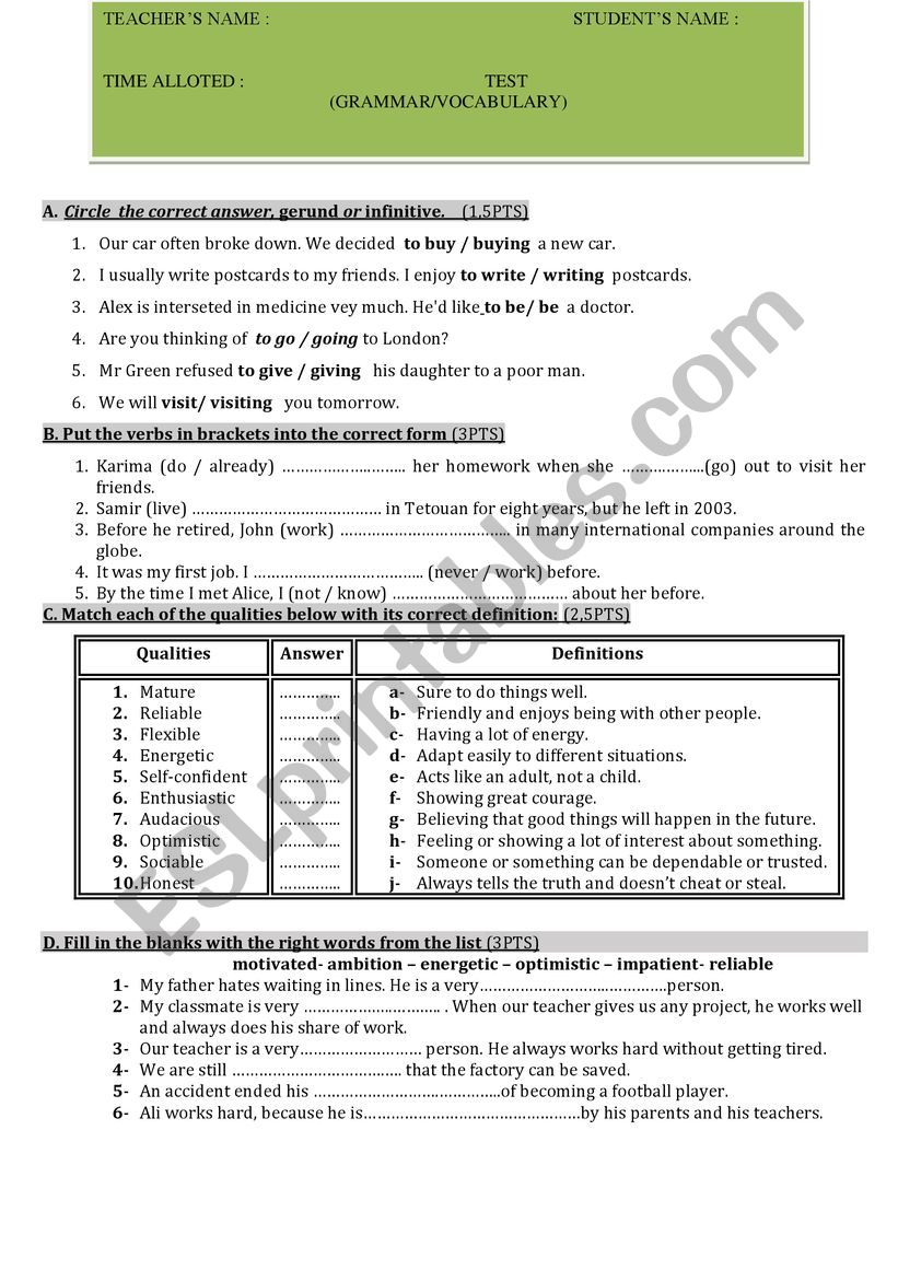 TEST FOR BAC STUDENTS  worksheet