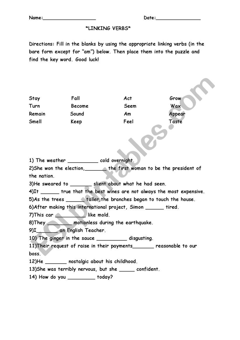 linking verbs worksheet