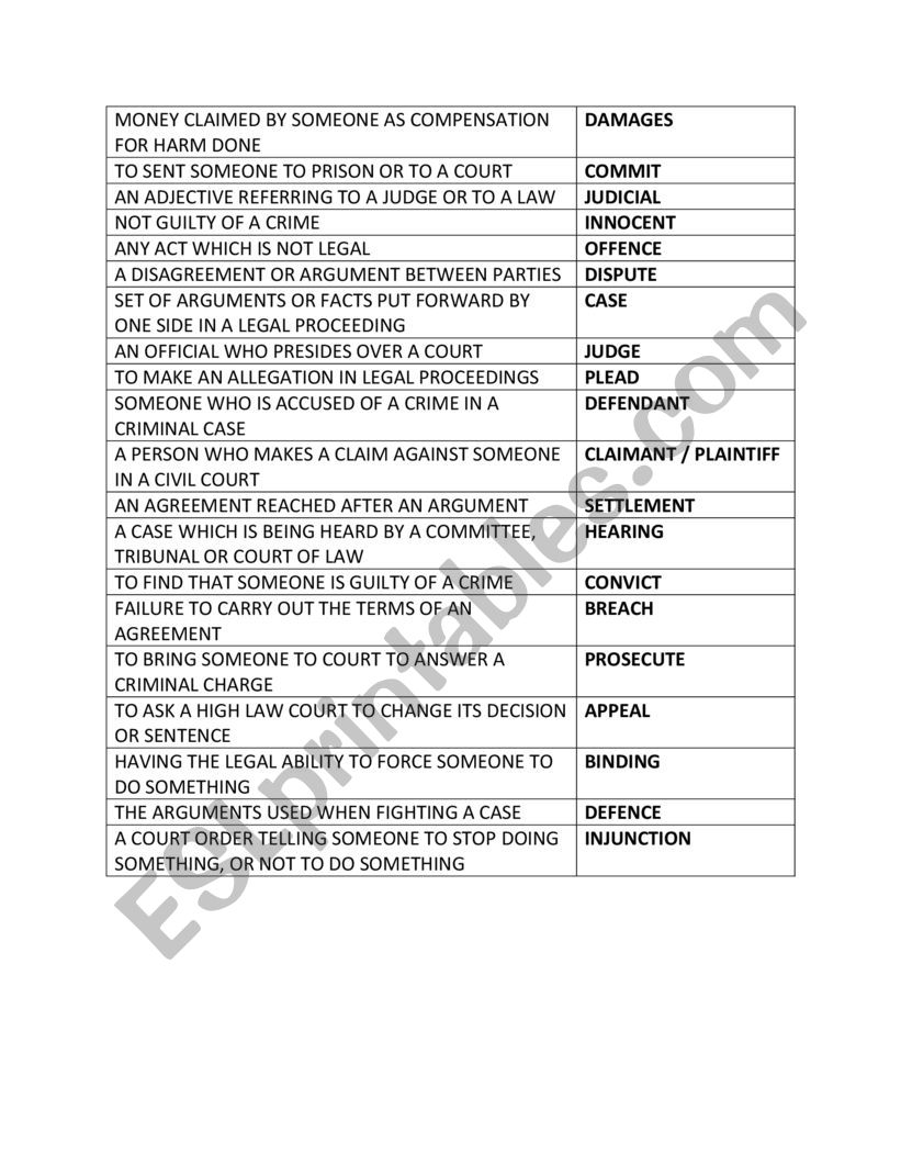 Basic Legal English Words worksheet