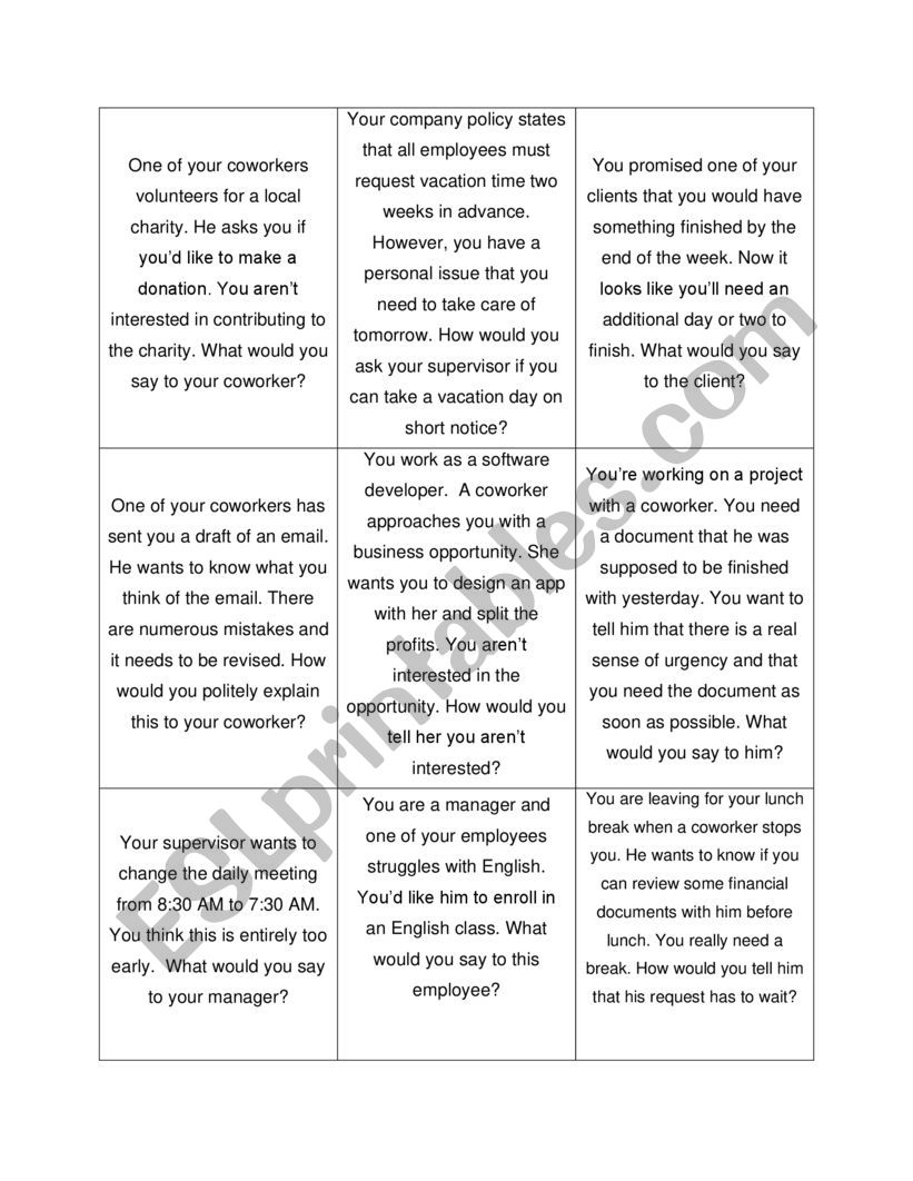 Business role play scenarios worksheet