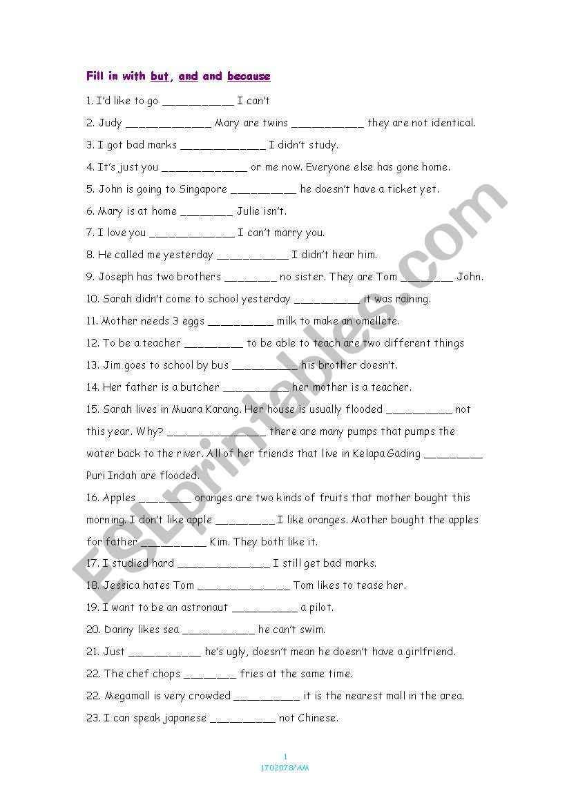 But - And - Because worksheet