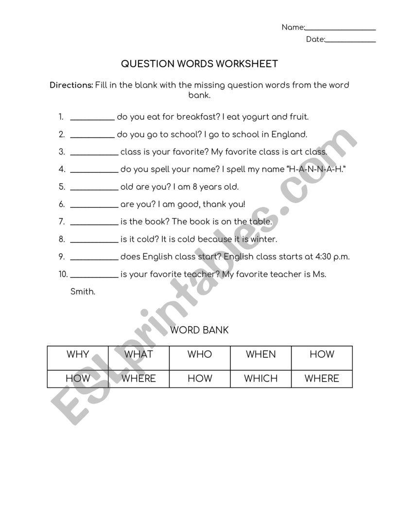 Question Word Worksheet worksheet