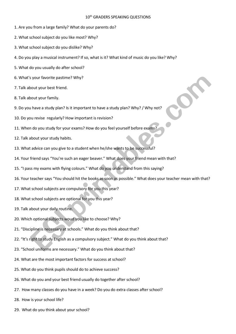 speaking questions worksheet