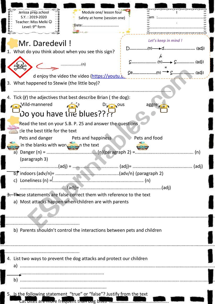 Safety at home (session one) worksheet