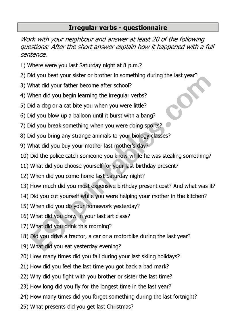 questionnaire past simple irregular verbs