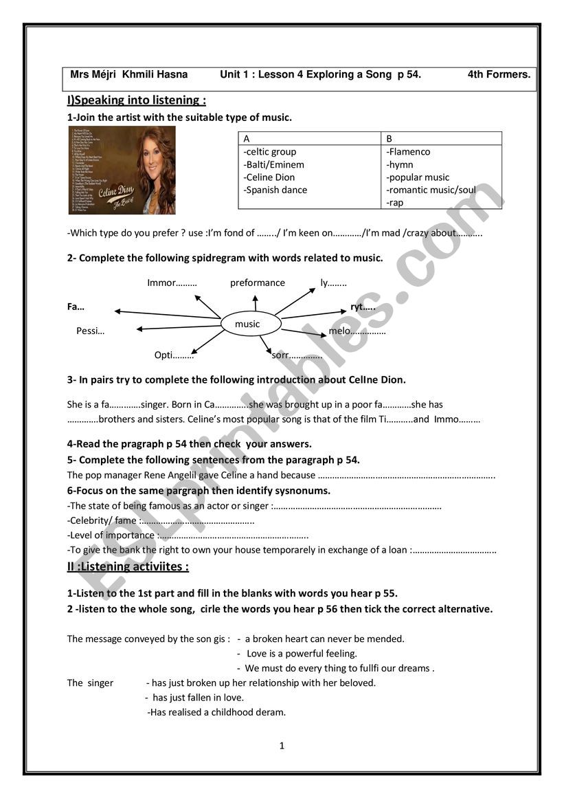 unit 1 : lesson 4 exploring a song 4 th formers.