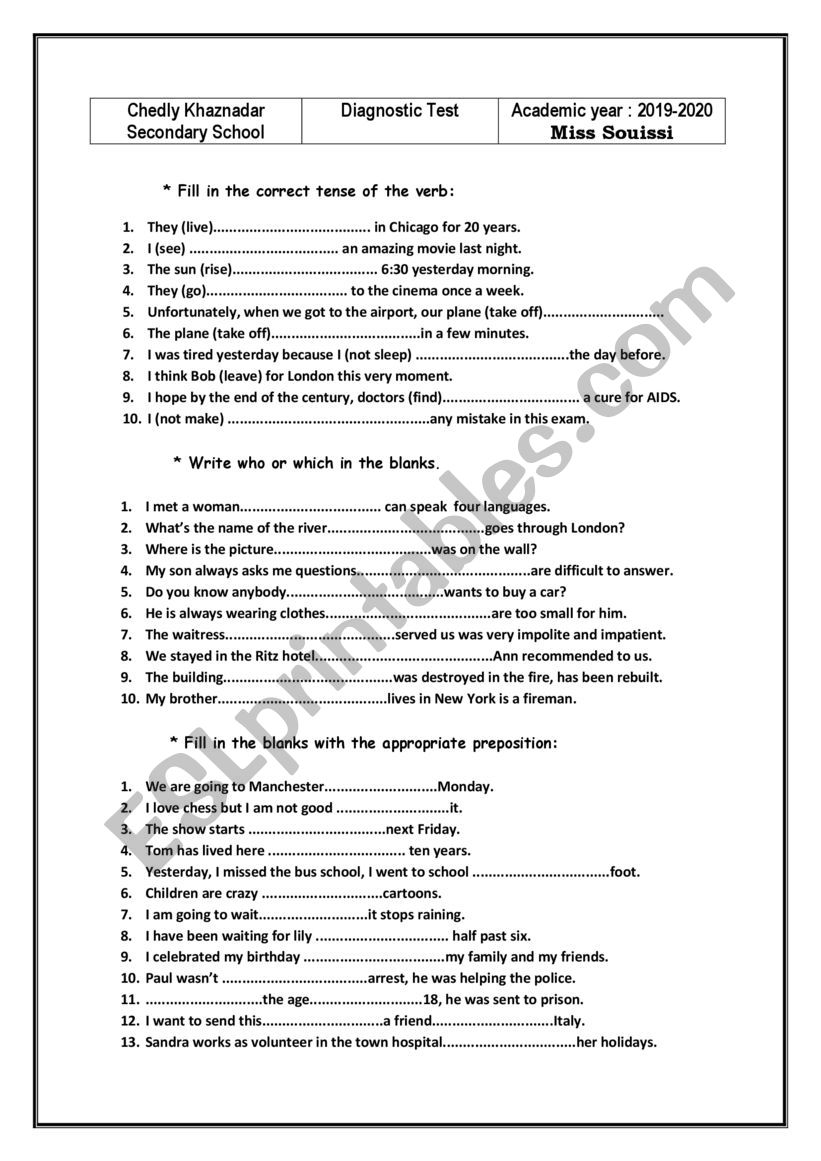 Diagnostic test worksheet