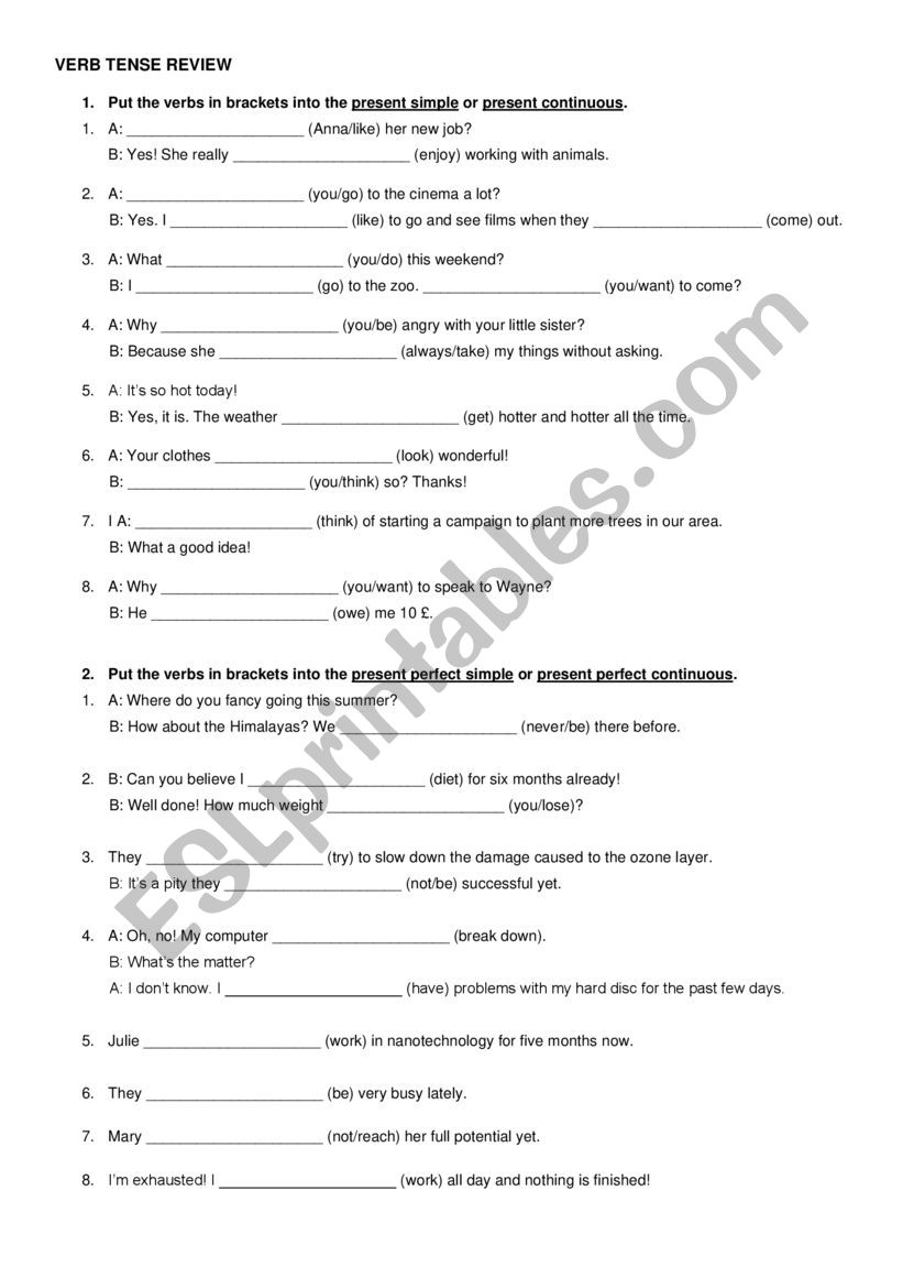 Verb tenses - overview worksheet