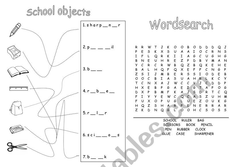 school objects worksheet