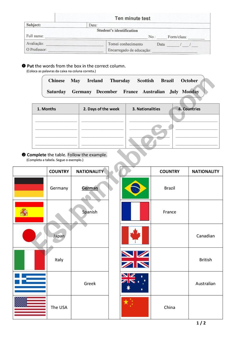 Ten Minute Test - Revision Work