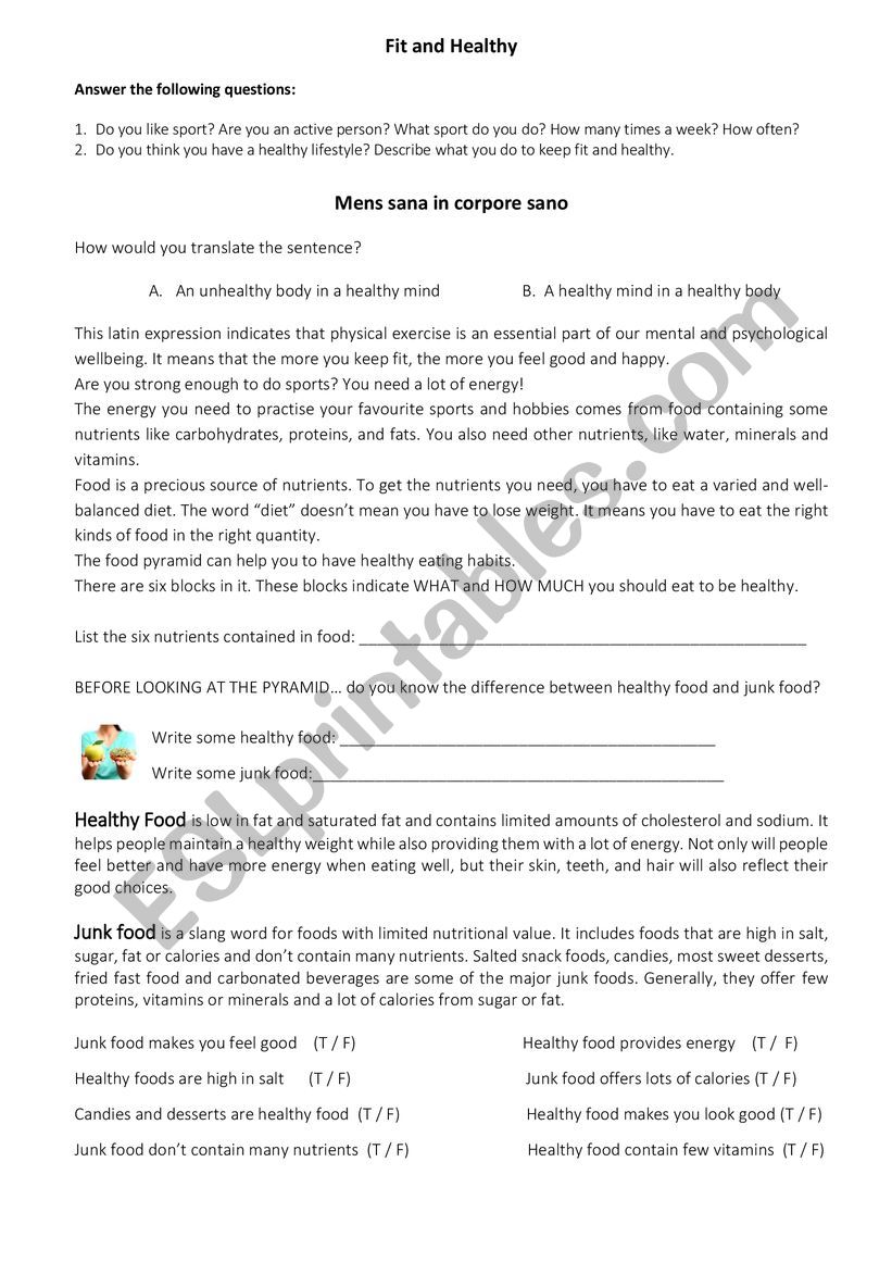 Healthy Eating worksheet