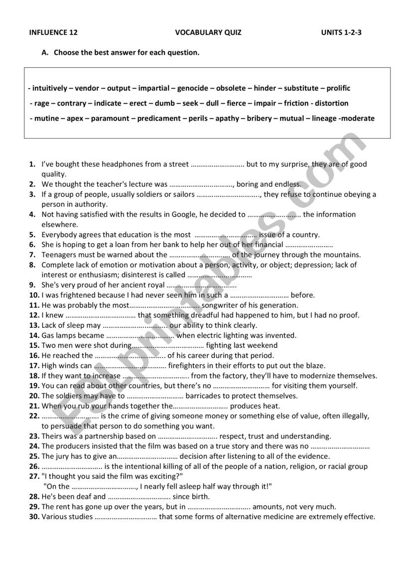 vocabulary book influence 123 units quiz 