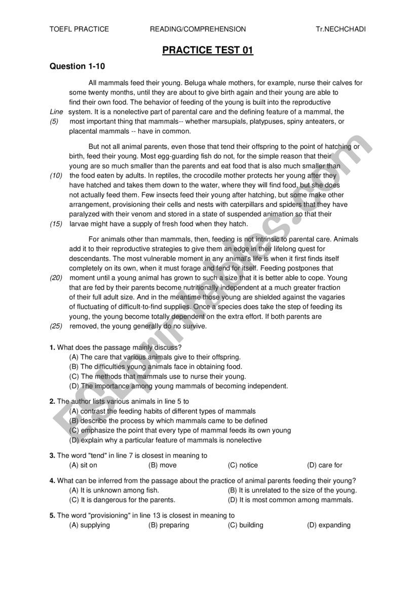 TOEFL READING worksheet