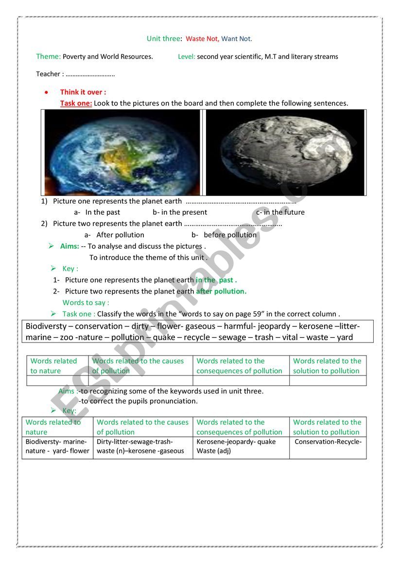 Unit 3: Poverty and world resources , waste not, want not ( the Amazon forest in brazil)