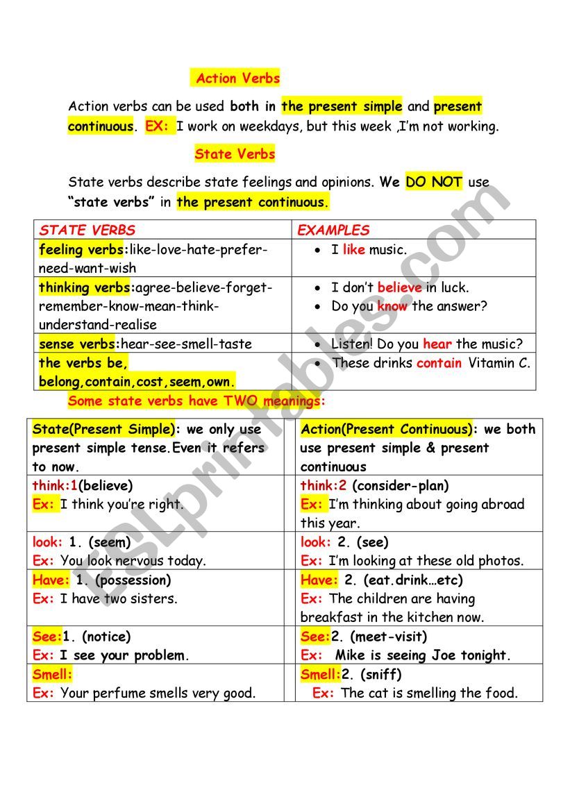 state verbs worksheet