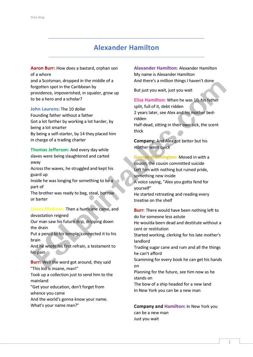 Hamilton: the Musical (1) worksheet