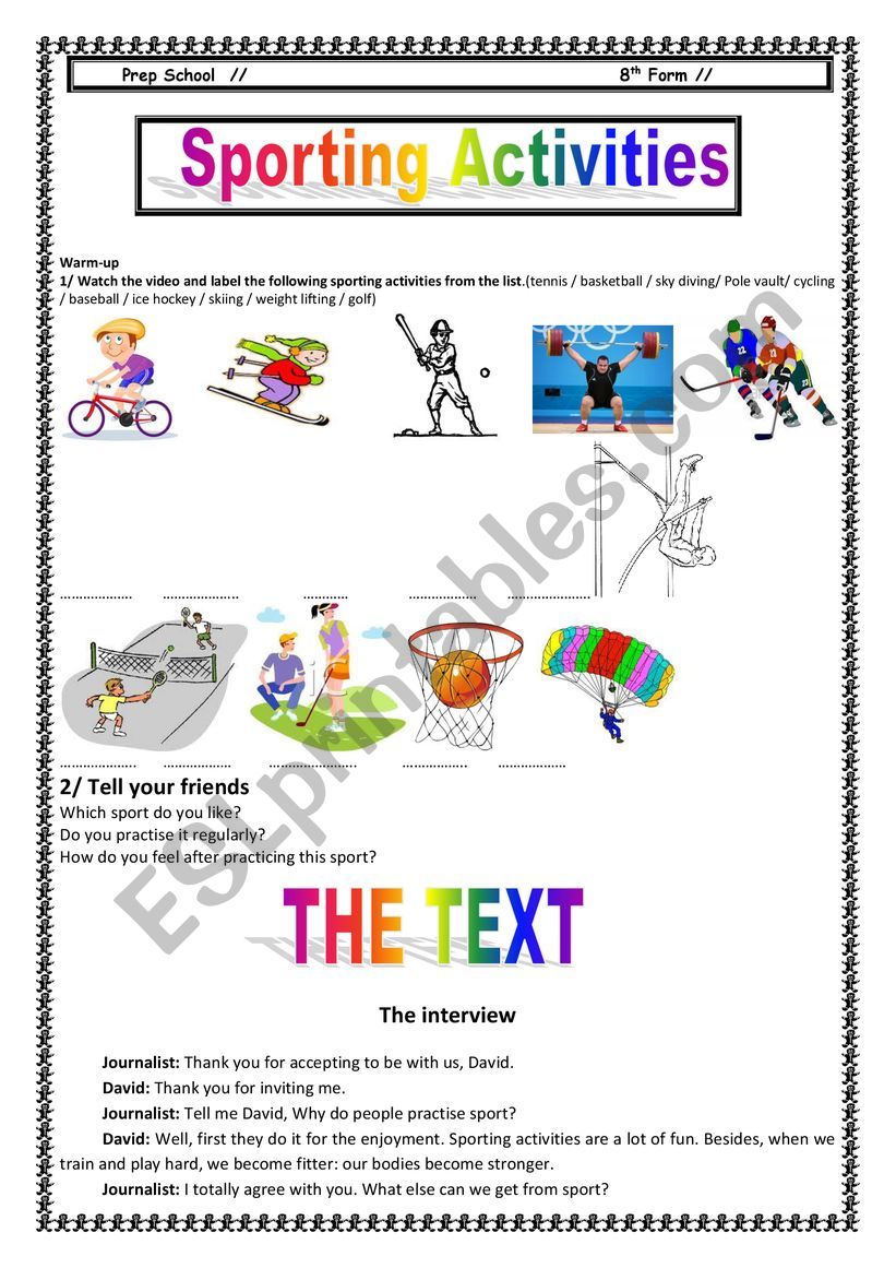 Sporting activities 8th Form  worksheet
