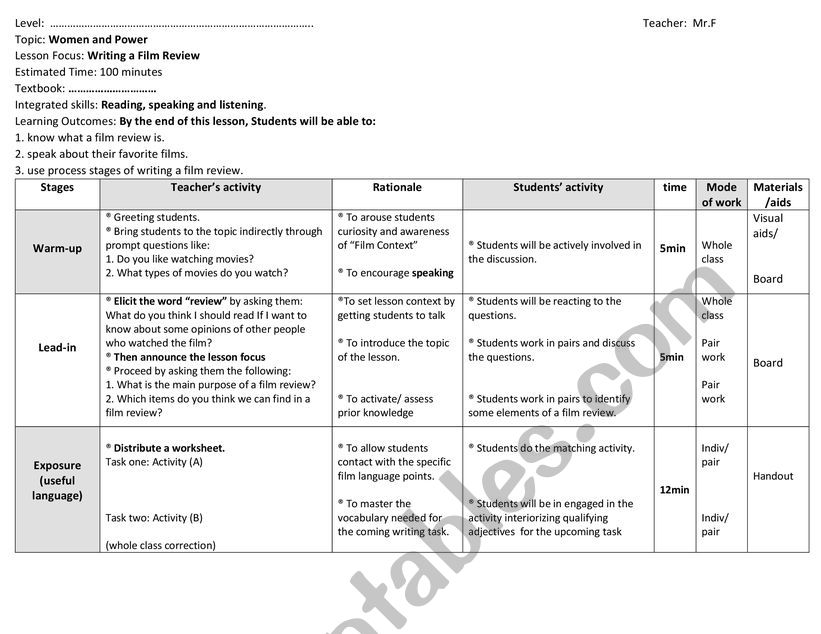 writing a film review worksheet