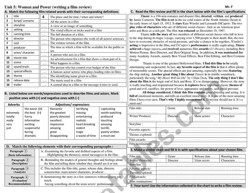 writing a film review worksheet