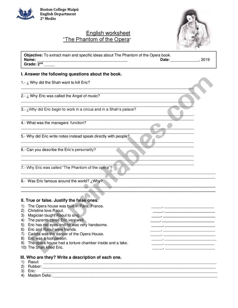 The Phantom of the Opera worksheet, kate Mcmullan, Stepping Stones 