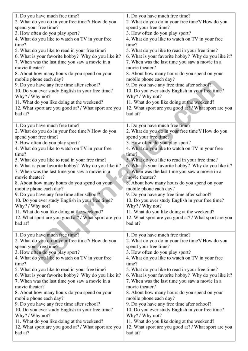 hobby worksheet