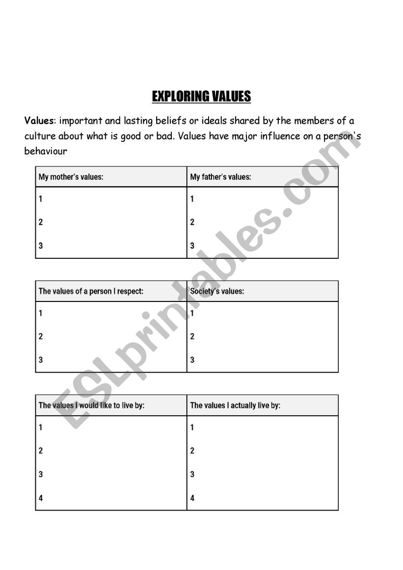 exploring values worksheet